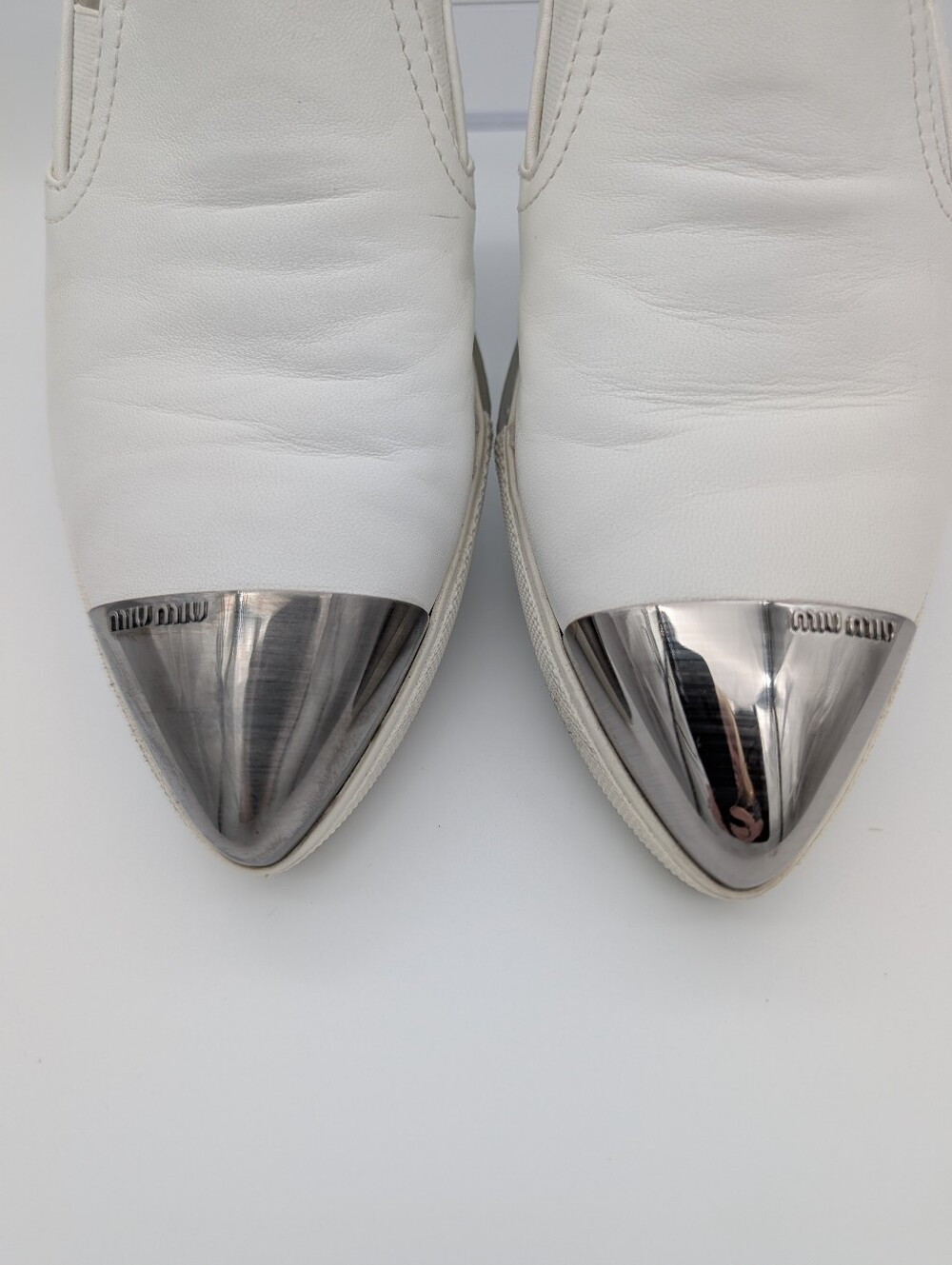 Miu Miu Silver Tip Toe White Leather Slip-on Loafers Sneakers EU 38 US 8 - Picture 2 of 10